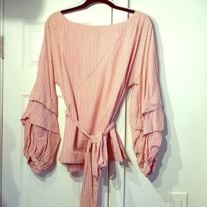 Balloon sleeve blouse with wrap around tie